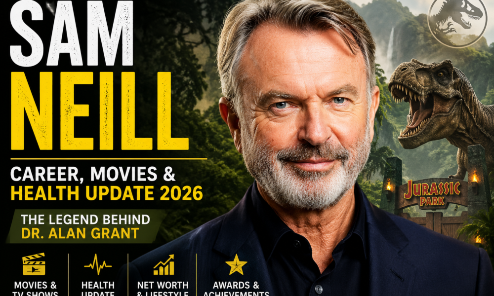 Sam Neill posing in front of a Jurassic Park-inspired background for his 2026 career and health update article.