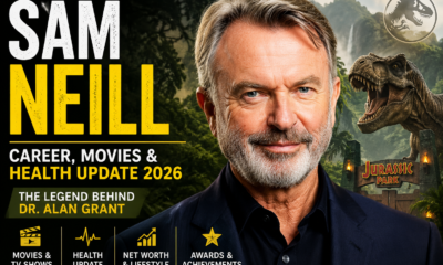 Sam Neill posing in front of a Jurassic Park-inspired background for his 2026 career and health update article.