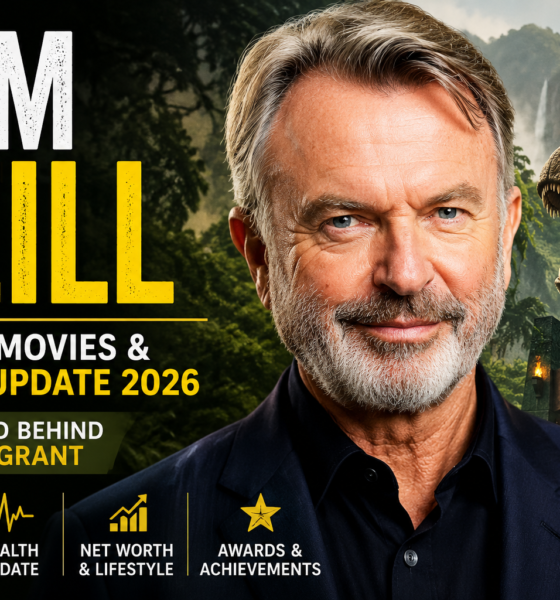 Sam Neill posing in front of a Jurassic Park-inspired background for his 2026 career and health update article.