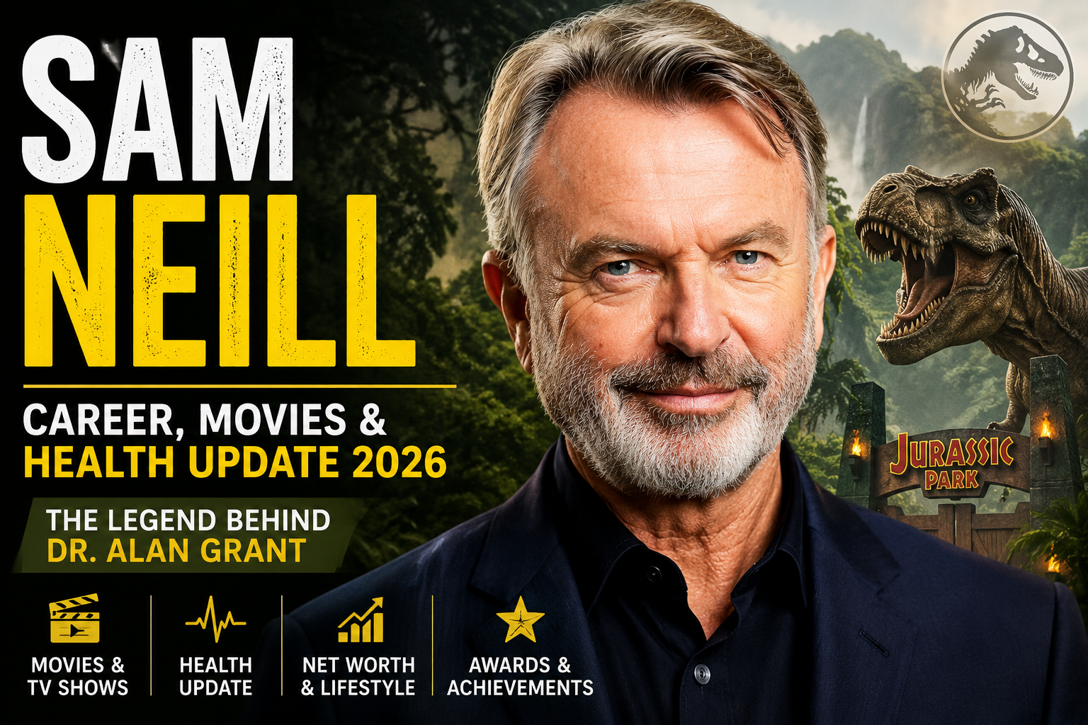 Sam Neill posing in front of a Jurassic Park-inspired background for his 2026 career and health update article.