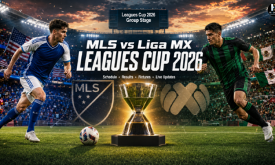 MLS vs Liga MX Leagues Cup 2026 featured image showing two soccer captains shaking hands before kickoff in a packed stadium with the Leagues Cup trophy at midfield.