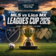 MLS vs Liga MX Leagues Cup 2026 featured image showing two soccer captains shaking hands before kickoff in a packed stadium with the Leagues Cup trophy at midfield.