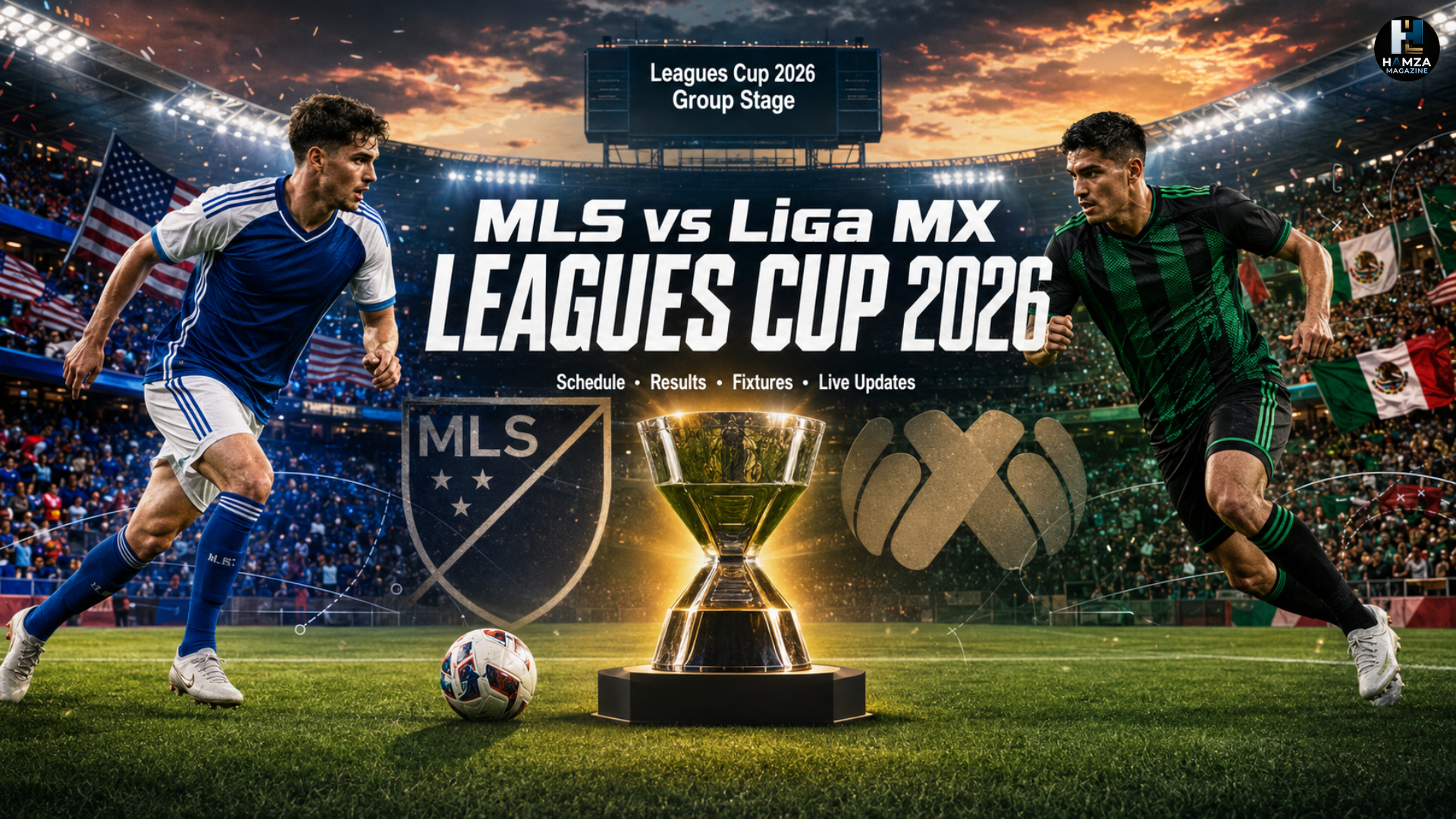 MLS vs Liga MX Leagues Cup 2026 featured image showing two soccer captains shaking hands before kickoff in a packed stadium with the Leagues Cup trophy at midfield.