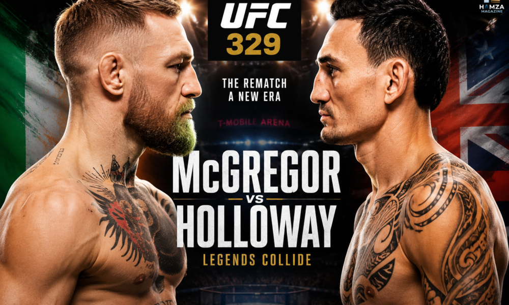 Conor McGregor and Max Holloway facing off ahead of a potential UFC 329 main event.
