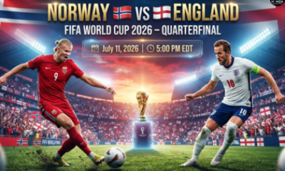 Norway vs England FIFA World Cup 2026 quarterfinal featured image showing the match time, date, and both national teams before kickoff.