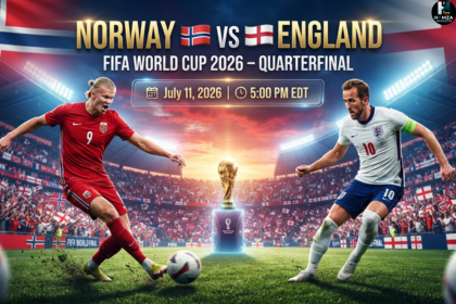 Norway vs England FIFA World Cup 2026 quarterfinal featured image showing the match time, date, and both national teams before kickoff.