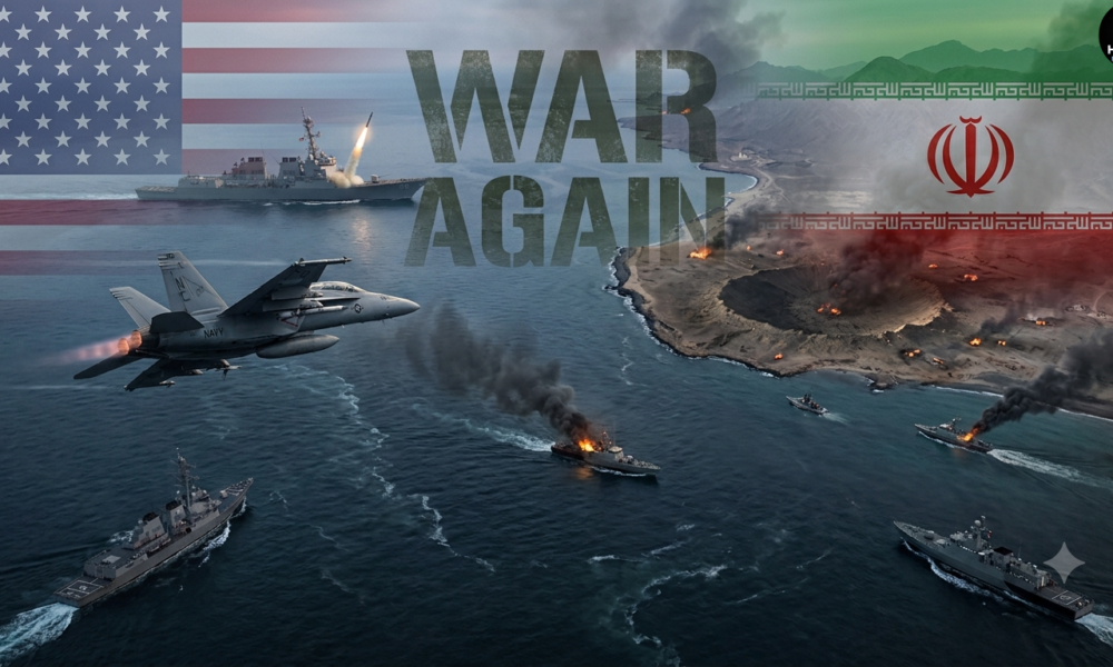 US Iran War featured image showing U.S. and Iranian flags, missiles, military conflict, and explosions representing renewed tensions in 2026.