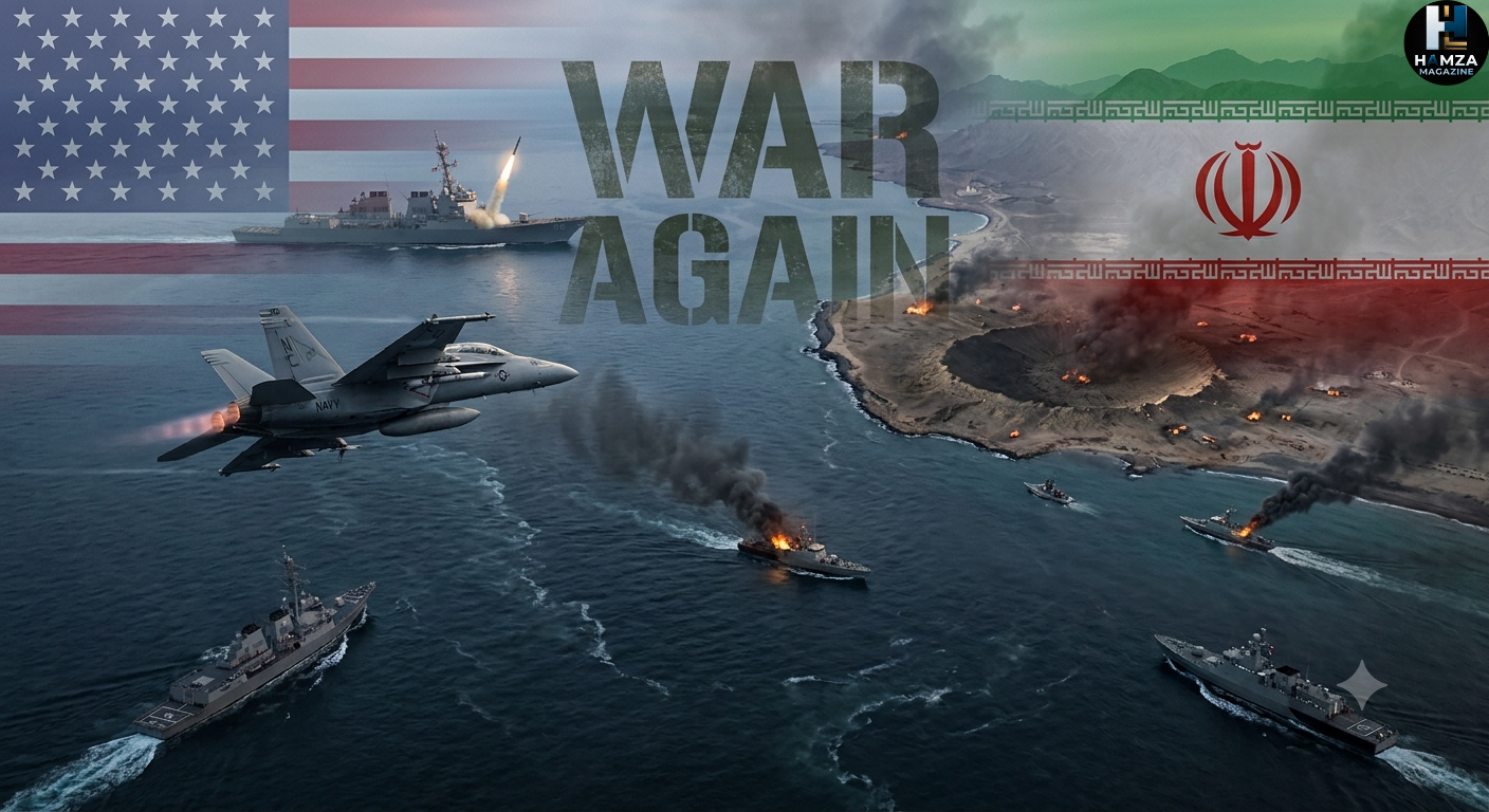 US Iran War featured image showing U.S. and Iranian flags, missiles, military conflict, and explosions representing renewed tensions in 2026.