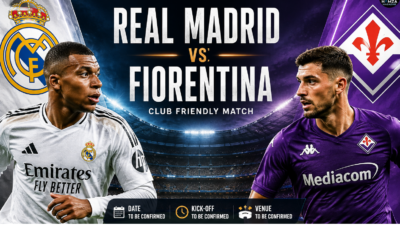 Real Madrid vs Fiorentina players battling for the ball during a floodlit football match preview in a packed stadium.