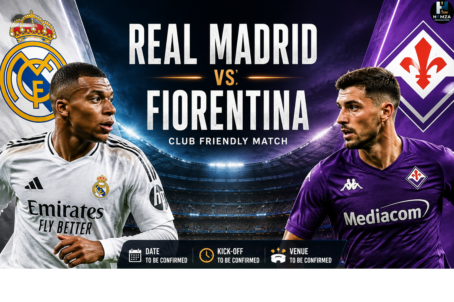 Real Madrid vs Fiorentina players battling for the ball during a floodlit football match preview in a packed stadium.